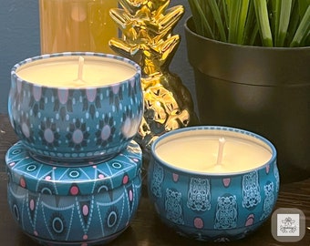 Essential Oil Soy Wax Candles | Mandala Print Tins | Blue-Green Tins