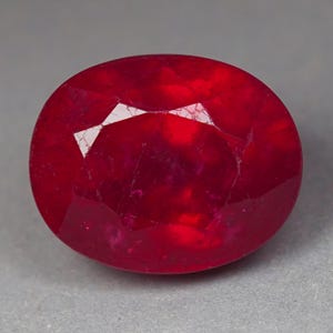 Puede incluir: Una piedra preciosa de corte ovalado con un color rojo intenso y vibrante. La piedra presenta una superficie facetada que refleja la luz, creando patrones geométricos distintos. El interior muestra inclusiones naturales visibles.