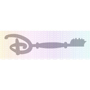 Könnte beinhalten: Eine stilisierte Schlüssel-Silhouette mit dem Disney-Logo. Der Schlüssel ist grau und lila, vor einem pastellfarbenen Regenbogenhintergrund. Das Design ist detailliert.