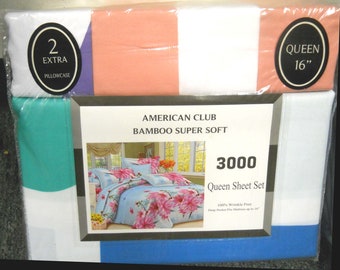Parure de lit 6 pièces en bambou pour grand lit 1 drap plat 1 drap-housse 4 taies d'oreiller