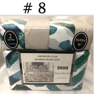Może przedstawiać: Zestaw pościeli w rozmiarze queen o gęstości 3000 nici, w geometrycznym wzorze w kolorze białym i niebieskim z kwiatowym wzorem. Zestaw zawiera dwie dodatkowe poszewki na poduszki. Opakowanie zawiera napis "American Club Bamboo Super Soft".