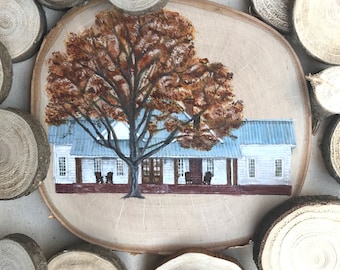 Custom House Painting on Wood Slice, Wall Decor, Housewarming Gift, Home Painting, Birch Wood, Rustic Acrylic Painting, Custom Housewarming