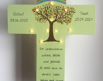 Kinderkreuz mit LED Licht Lebensbaum Taufkreuz Kommunion Taufgeschenk