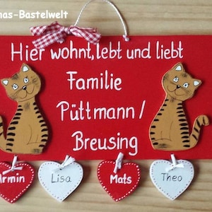 Türschild Katzen,Personalisiert, Familientürschild, Holztürschild, Türschild mit Herzanhänger, Katze afbeelding 1