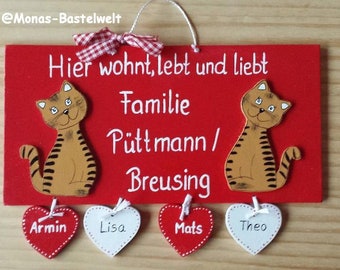 Türschild Katzen,Personalisiert, Familientürschild, Holztürschild, Türschild mit Herzanhänger, Katze