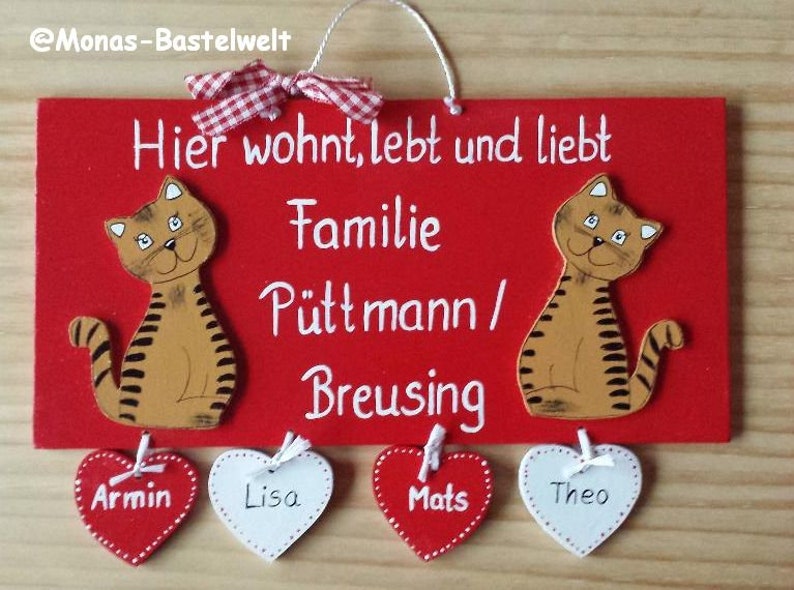 Türschild Katzen,Personalisiert, Familientürschild, Holztürschild, Türschild mit Herzanhänger, Katze afbeelding 1