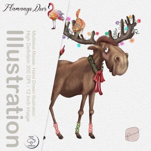 May include: A brown moose with a red bow and a wreath around its neck. The moose is wearing pink and green socks. A small bird with a red hat is perched on the moose's antlers. The moose is decorated with Christmas lights.