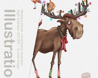 Adorable Holiday Moose/ watercolor graphic with wreath/birds / invitation clip art/ commercial use