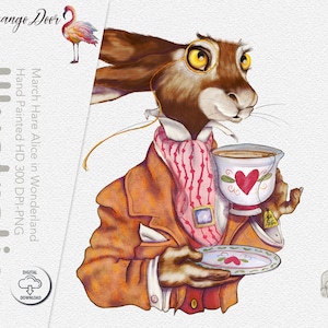 Bezaubernder MÄRZHASE Alice im Wunderland: niedliches Kaninchen orange pink / Einladung Clip Art / handgemalte Illustration