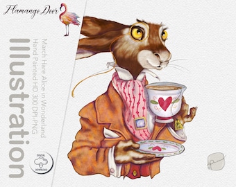 Adorable MARCH HARE Alice in Wonderland: cute painted Rabbit / invitation clip art/ commercial use / Dolly Cute orange pink