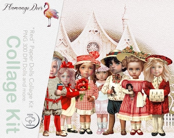 Red Doll Collage Set/Vintage paper dolls/Ephemera/Bonus Pieces/Big Eyes