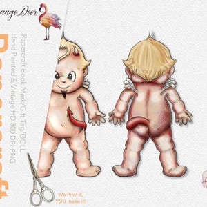 May include: A digital illustration of a doll with a devilish appearance, featuring horns, a goatee, and a red tail. The doll is shown from both front and back views. The image includes the text "Flamango Door" and "Papercraft Book Mark/Gift Tag/DOLL".