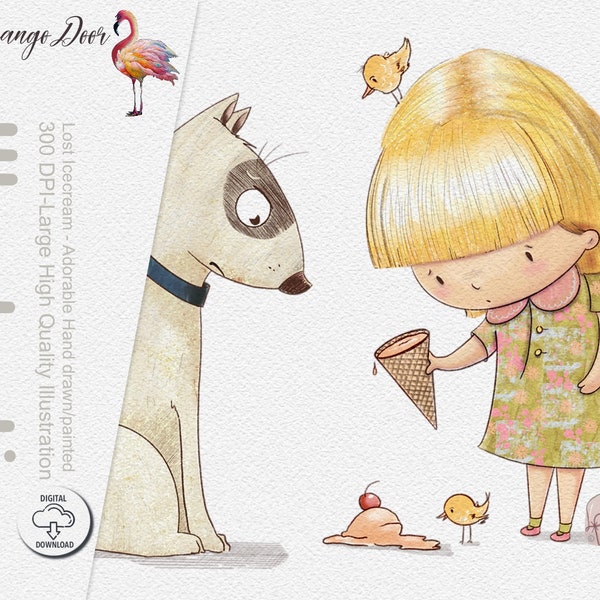 Lost Ice Cream Illustration/Painted graphic with Dog and Girl/birds/invitation clip art/ commercial use / Dolly Cute pinks and green