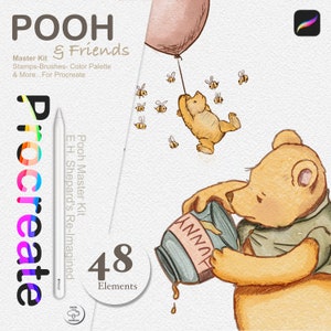 Könnte beinhalten: Ein digitales Illustrationsset für Procreate mit Winnie Puuh und seinen Freunden. Das Set enthält 48 Elemente, wie Stempel, Pinsel und eine Farbpalette. Die Illustration zeigt Winnie Puuh, der einen Honigtopf hält, und einen kleineren Puuh-Bären, der einen Ballon hält.