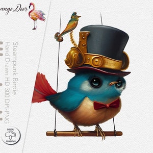 Adorable graphique Steampunk Birdie avec oiseau et chapeau haut de forme : mignon oiseau peint / clipart invitation / utilisation commerciale / joli chapeau haut de forme bleu rouge
