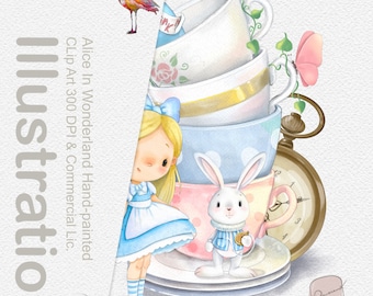 Cute Alice in Wonderland / White Rabbit Illustration/Painted graphic/ invitation clip art/ commercial use / Teacups pinks and blue