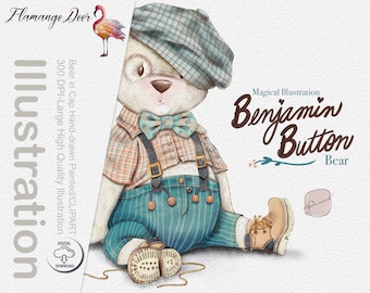 Bear illustration graphic with cap: painted teddy / invitation clip art animals / commercial use / baby animal mint blue orange/ Cute