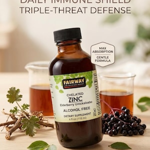 Puede incluir: Una botella de vidrio marrón de suplemento dietético Fairway Chelated Zinc, 118 ml, con el texto "Daily Immune Shield Triple-Threat Defense". La botella está junto a bayas de saúco y hojas.