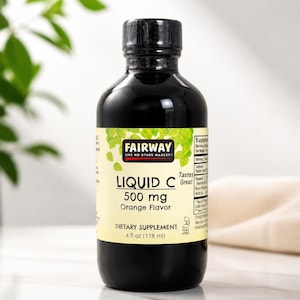 May include: A black bottle of Fairway Liquid C dietary supplement with orange flavor. The label reads "500 mg" and "4 fl oz (118 ml)". The bottle is on a white surface.