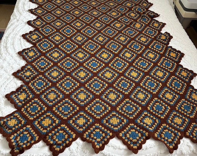 Handmade Crocheted  brown, teal & cream afghan/blanket