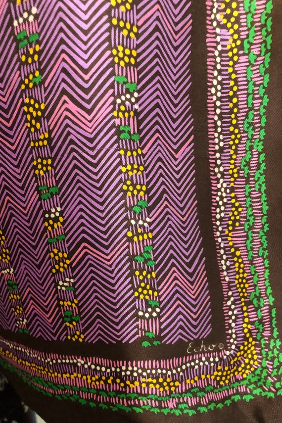Vintage ECHO 100% silk scarf. Purple, green with b