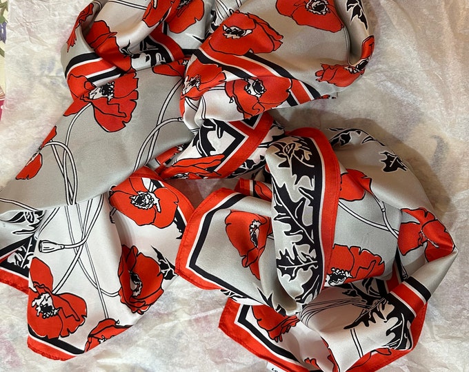 Luxurious large100% silk scarf. Poppies.