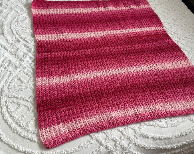 Handmade Crocheted  Crib/toddler afghan/blanket - stripes in shades of pink.