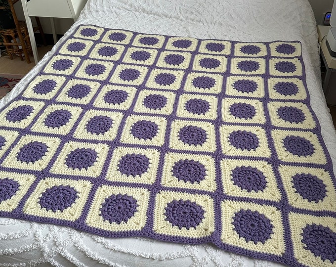 Handmade Crocheted  purple & cream afghan/lap pblanket