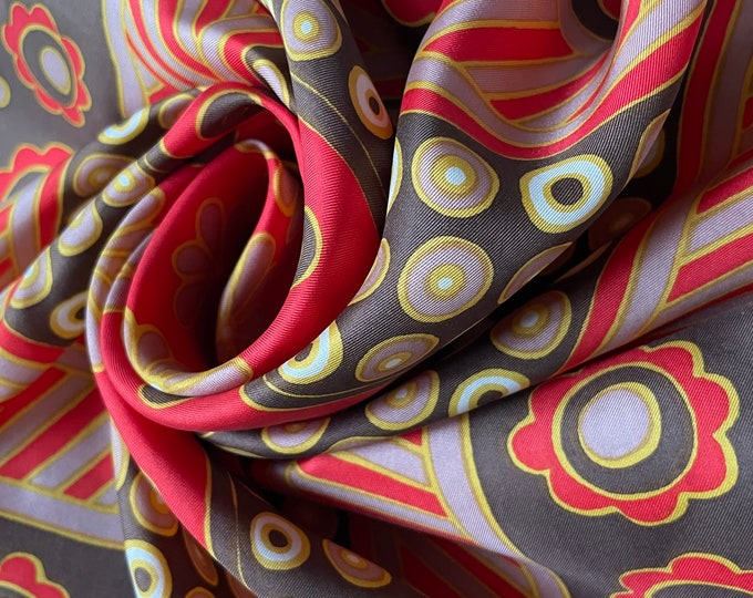 Hermine  100% silk scarf. browns, reds, grey  & orange