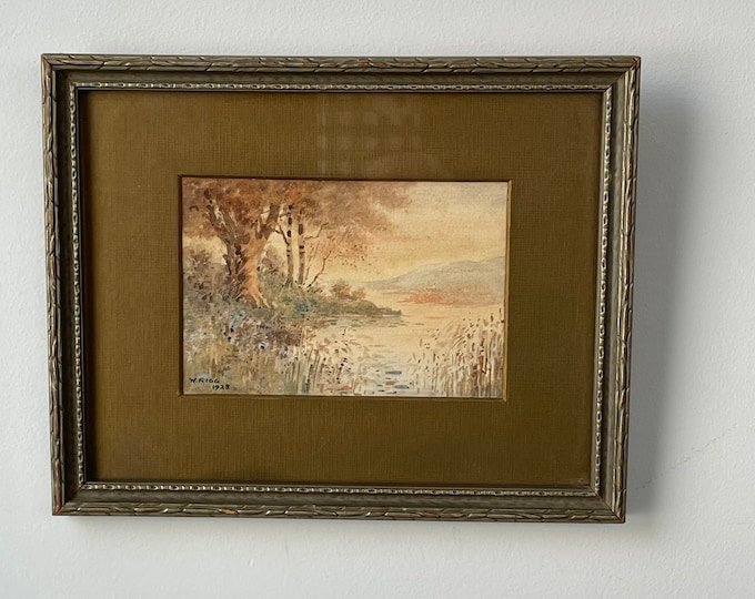 William Rigg framed watercolour 1928. Neutral tones. Lakeside scene.