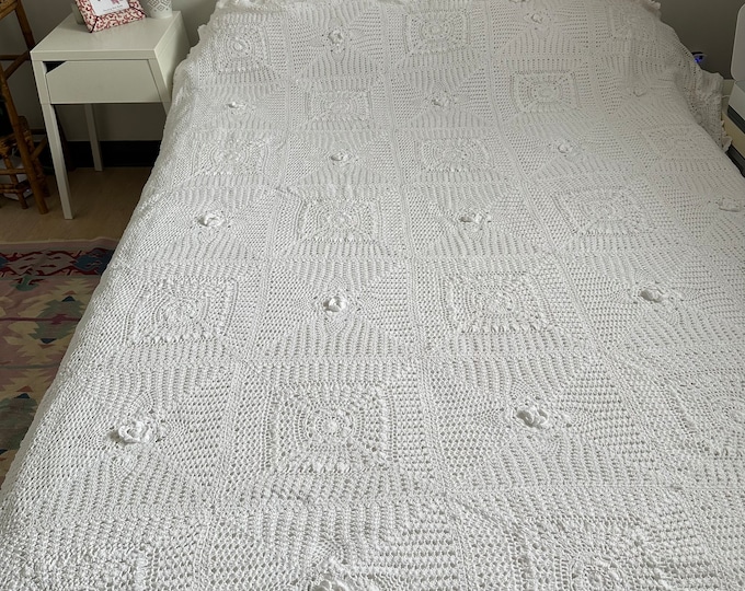 Vintage cotton lace bedspread with raised flowers