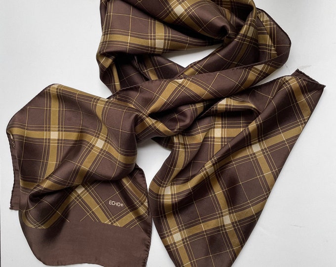 ECHO 100% silk scarf. Brown, gold tartan design.