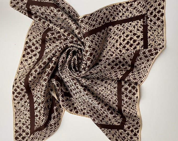 Vintage ECHO 100% silk scarf. Brown & cream - houndstooth pattern