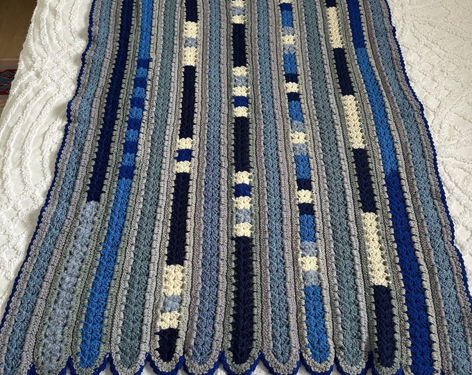 Handmade Crocheted  Crib/toddler afghan/blanket - blues, greys and cream