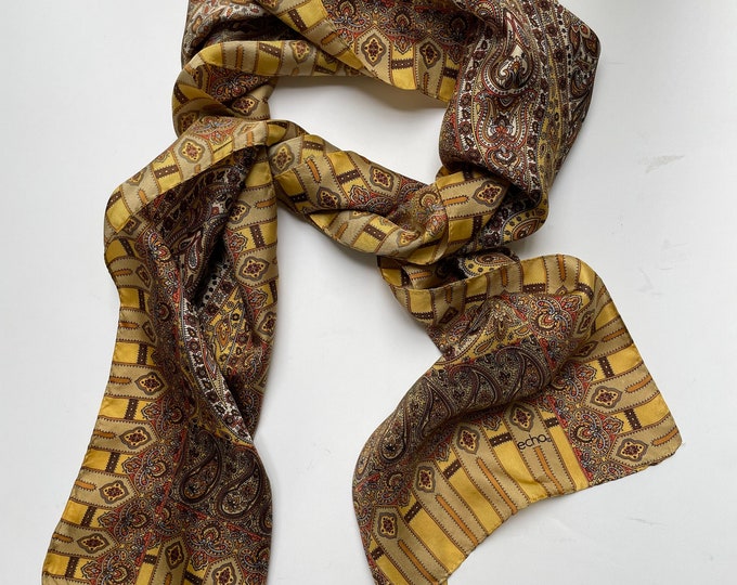 ECHO 100% silk twill oblong scarf. Gold, browns, orange grey. Paisley