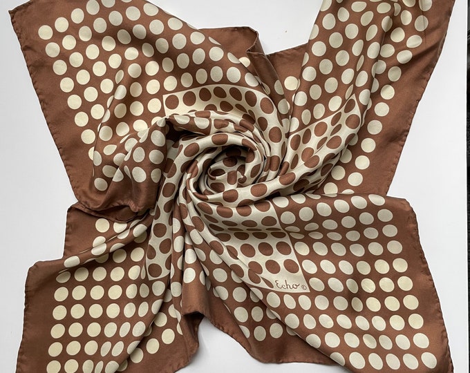 Vintage ECHO 100% silk scarf. Brown & cream polka dots