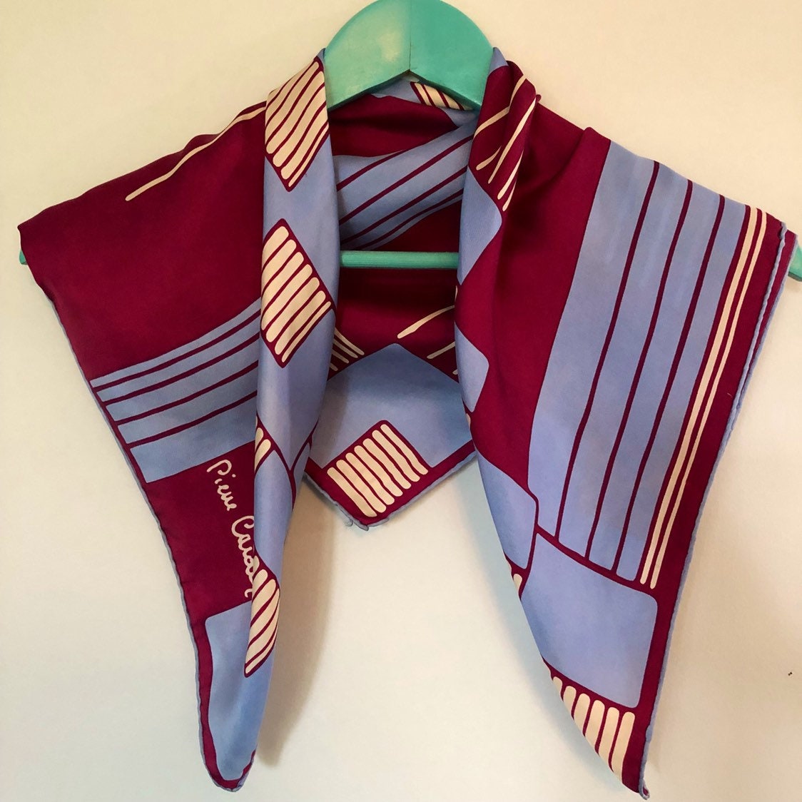 Pierre Cardin vintage silk scarf. Purple, pale blue and cream. 26 x 25.5