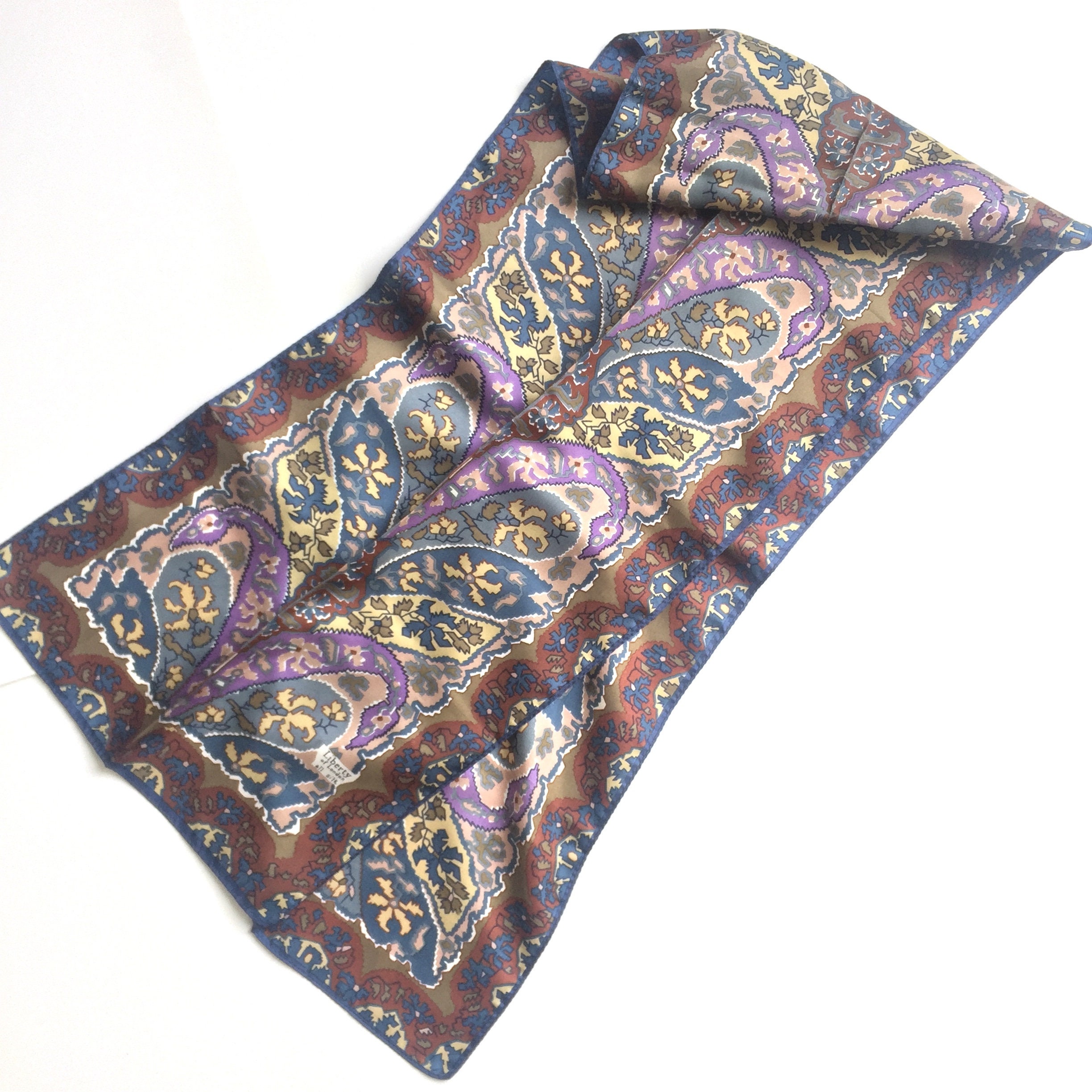 Vintage Liberty of London long 100% Silk Scarf purple, blue, beige