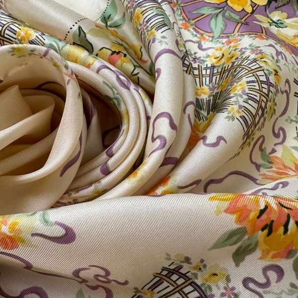 Large Liberty of London 100% Silk Square Scarf florals in soft purple yellow & green