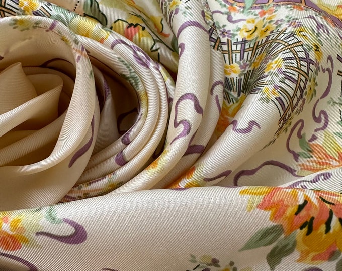 Large Liberty of London 100% Silk Square Scarf florals in soft purple yellow & green