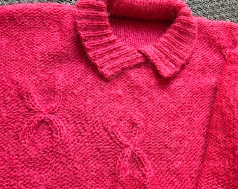 Vintage Hand Knit fuchsia mohair sweater with X detail.