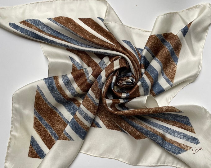 Vintage ECHO 100% silk scarf. Brown, slate blue & cream