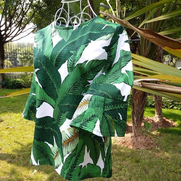 Blouse imprimé tropical – Haut avec imprimé feuilles de bananier - Blouse d'été verte et blanche