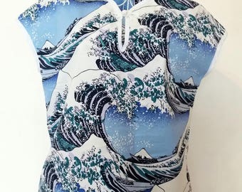 Japanese style blue blouse - Japanese painting Hokusai‘s The Great Wave of Kanagawa blouse