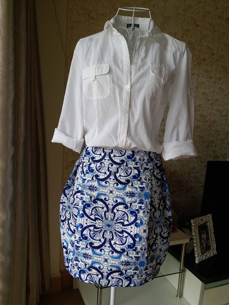Blue porcelain and white skirt Porcelain print skirt Tulip skirt image 2