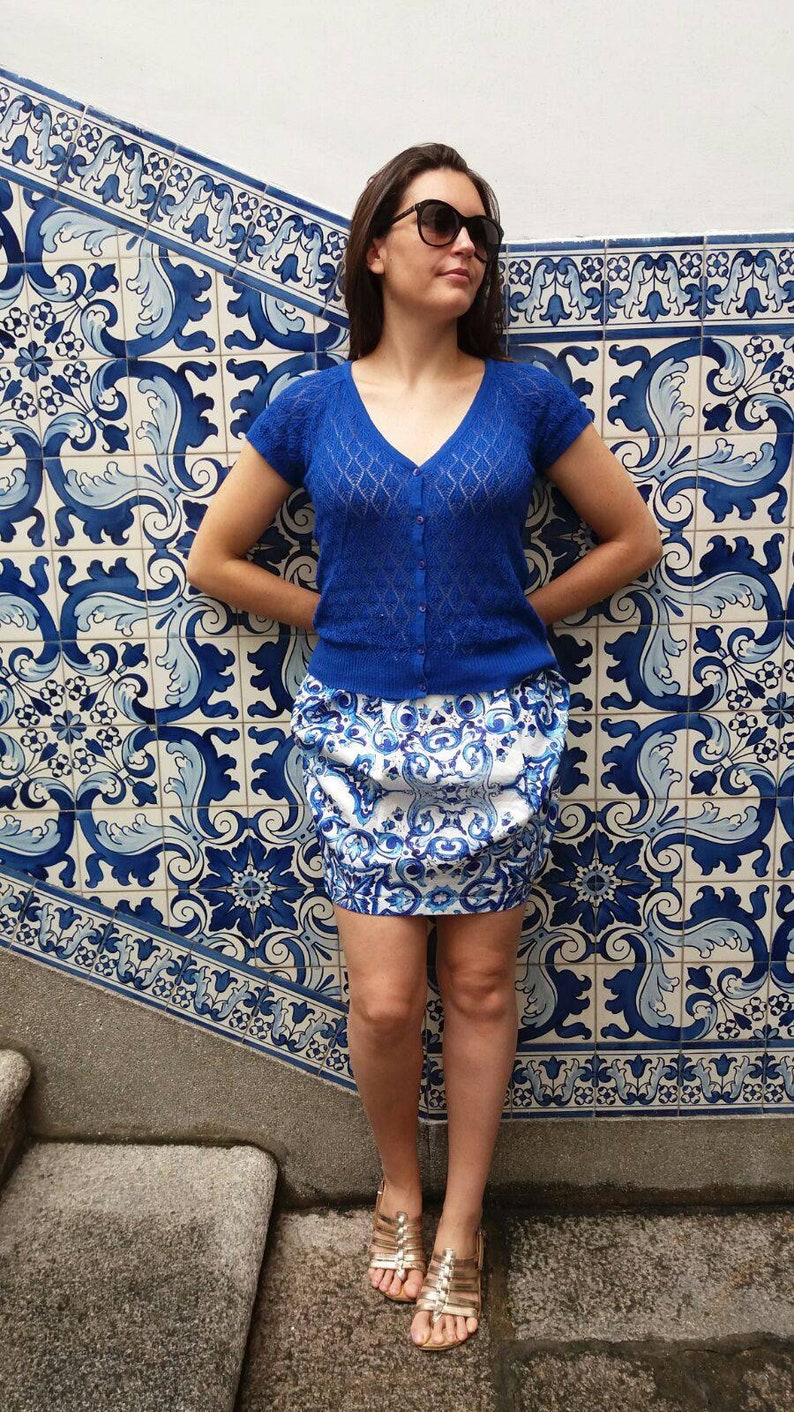 Blue porcelain and white skirt Porcelain print skirt Tulip skirt image 1