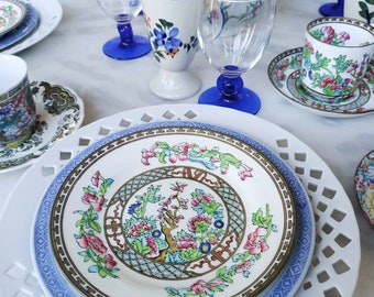 Service complet rizière fleurie - 4 couverts - assiettes anciennes – mixed and match vintage french plates