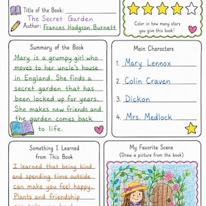 May include: A printed book report worksheet titled MY BOOK REPORT with sections for name, book title, author, rating, summary, characters, and lessons learned. The form is filled out in handwriting for The Secret Garden, featuring a coloured drawing of a girl.
