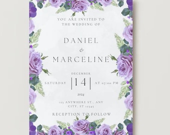 Invitación de boda con flores moradas