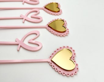 Heart Acrylic Drink Stirrers: Pink & Mirrored Gold, Valentine's Day